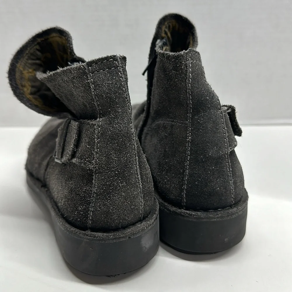 Fly London Ankle Boots Shoes Booties Suede Side Zip Buckle Gray Size 38 US 8